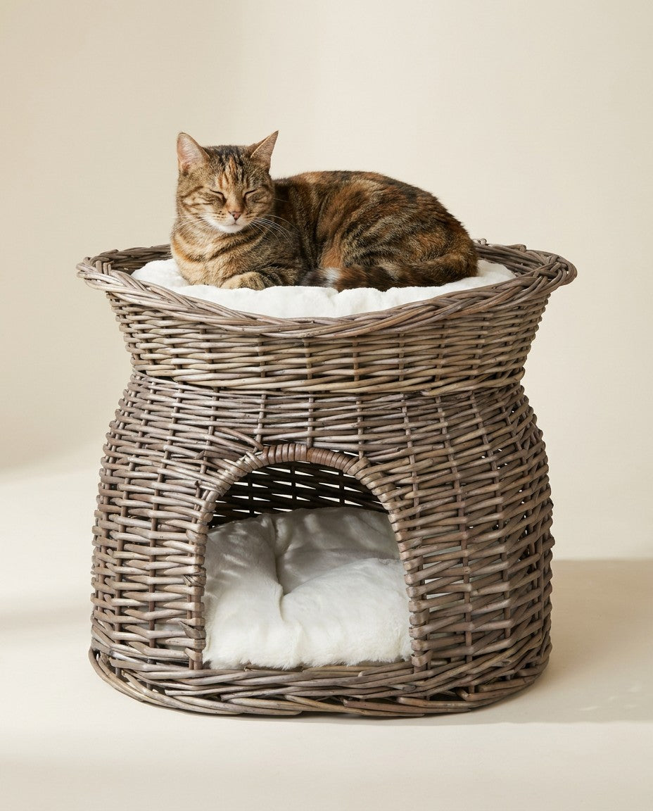 Gato descansando en la cama superior de la cueva de mimbre gris