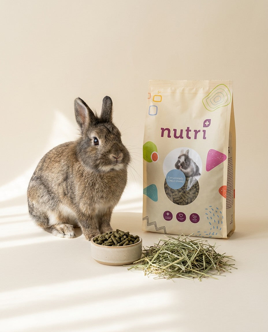 Conejo enano junto a la bolsa de Nutri+ Roedores con heno