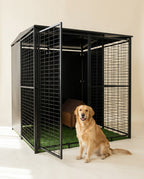 Perrera modular 2 x 2 m con la puerta abierta y un golden retriever sentado delante