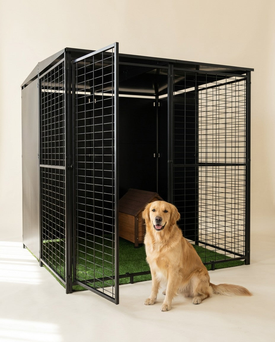 Perrera modular 2 x 2 m con la puerta abierta y un golden retriever sentado delante